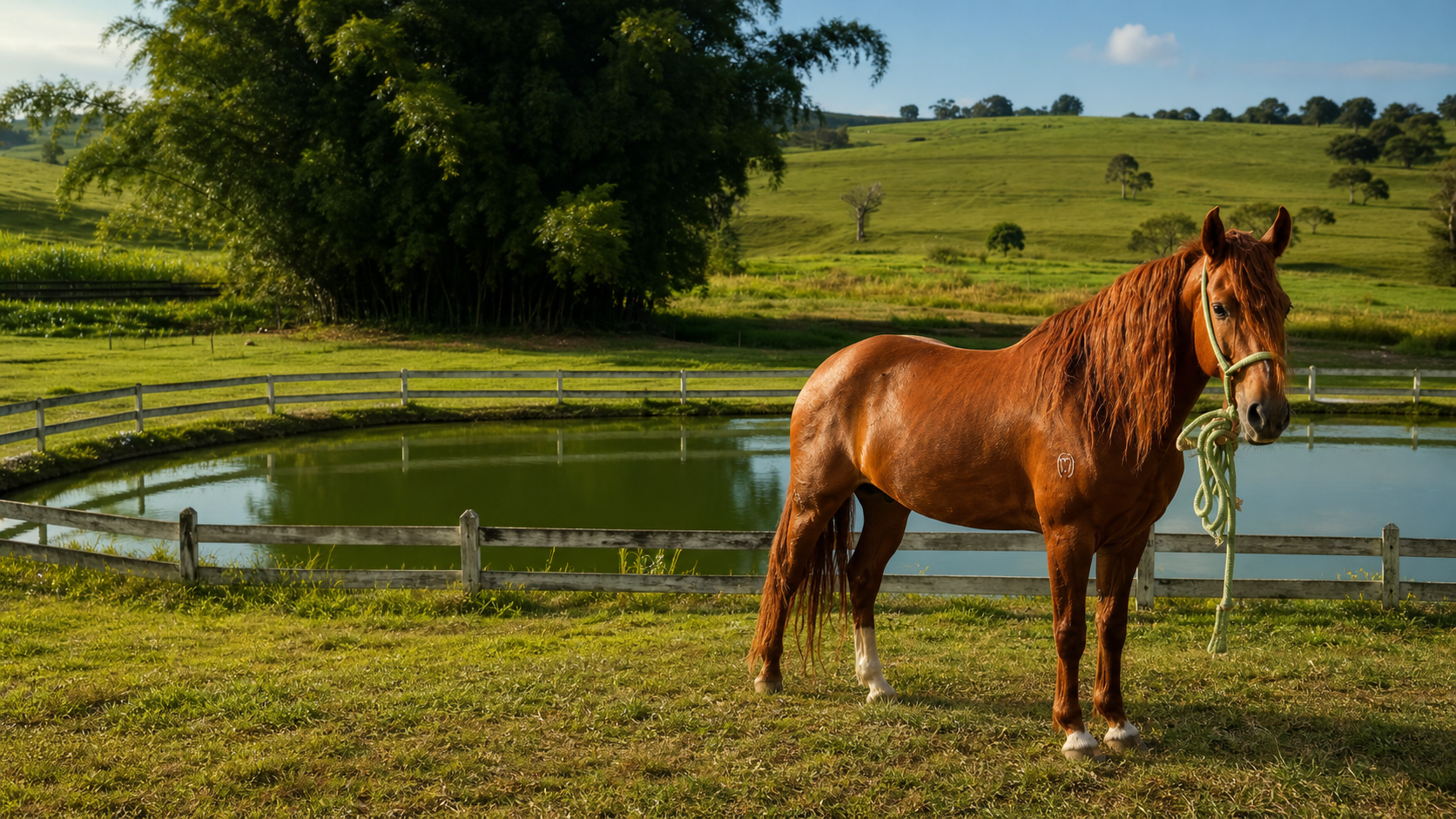 Cavalo do Haras Cana do Reino em uma paisagem verde